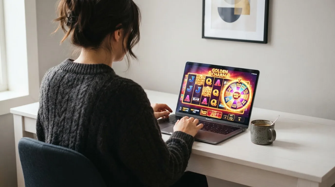 Person am Laptop liest eine Übersichtsseite zu Glücksspielen im Internet — 10 euro bonus ohne einzahlung casino