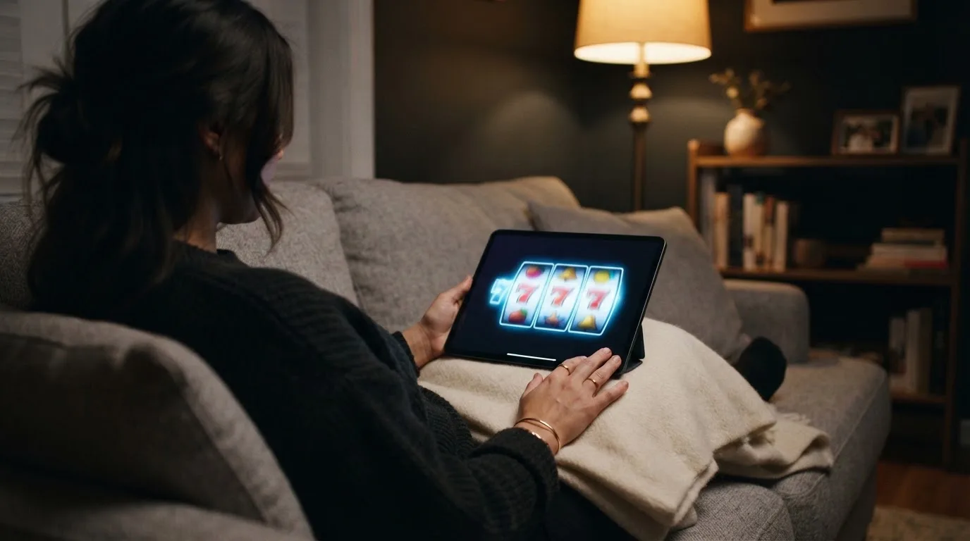 Person sitzt entspannt auf einem Sofa und blickt konzentriert auf ein Tablet in gedämpftem Wohnzimmerlicht am Abend.