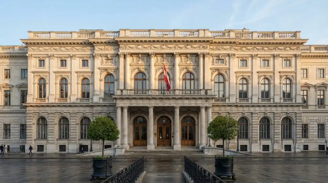 Fassade eines klassizistischen Wiener Amtsgebäudes mit österreichischer Flagge an einem klaren Nachmittag.