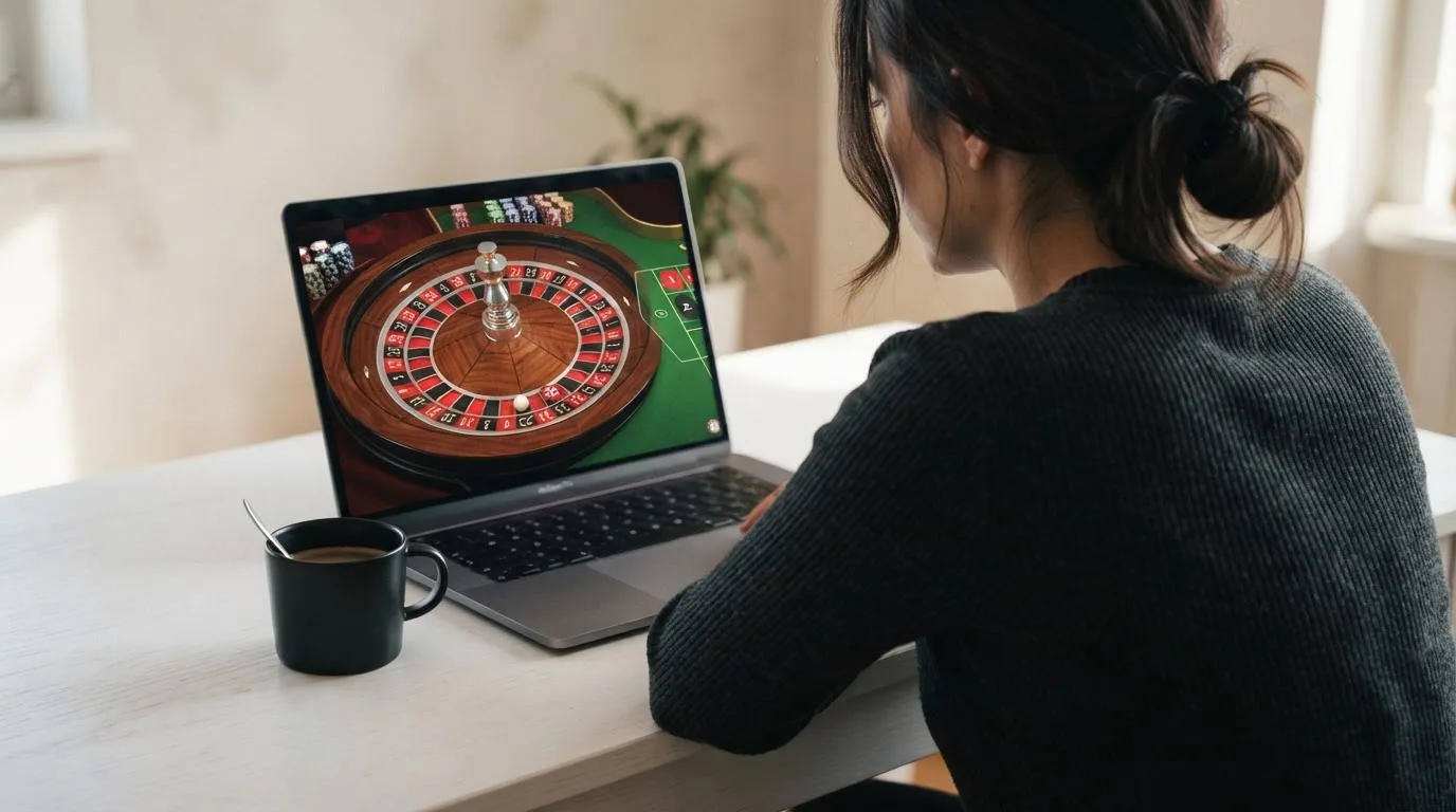 Person am Laptop liest eine Übersichtsseite zu Glücksspielen im Internet — 15 euro bonus ohne einzahlung casino