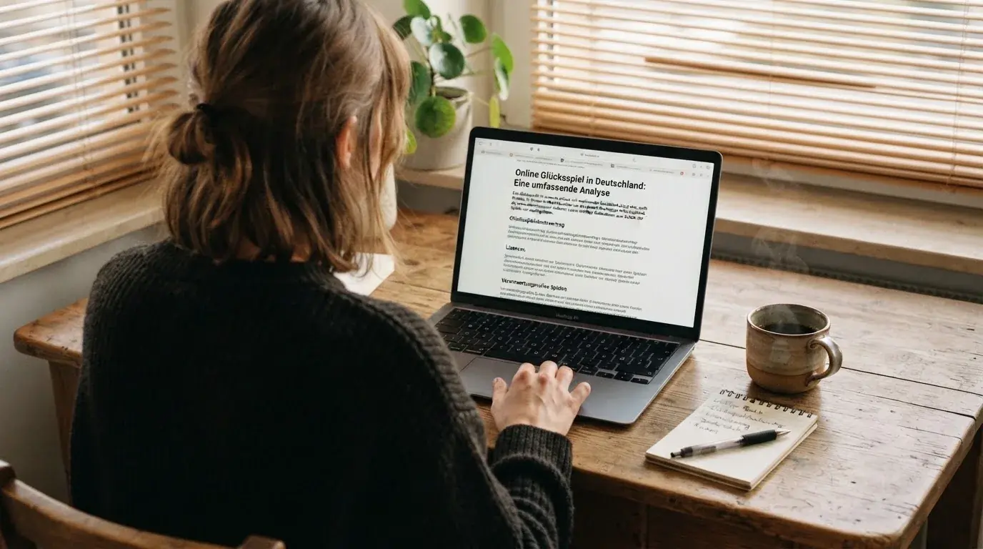 Person am Laptop liest eine Übersichtsseite zu Glücksspielen im Internet — 150 freispiele ohne einzahlung