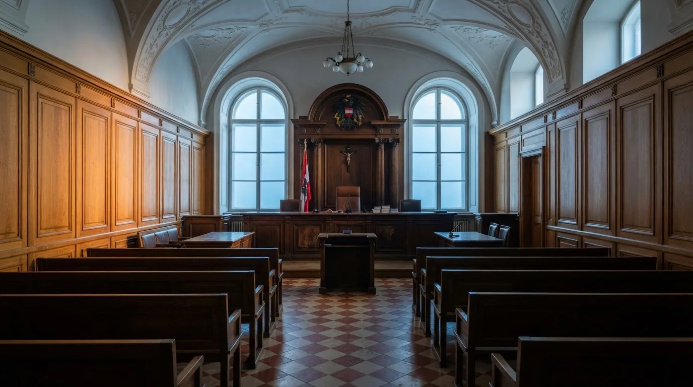 Gerichtssaal mit leerer Richterbank und Holzvertäfelung im Morgenlicht — 150 freispiele ohne einzahlung