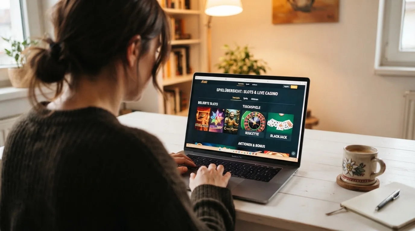 Person am Laptop liest eine Übersichtsseite zu Glücksspielen im Internet — 20 euro bonus ohne einzahlung casino