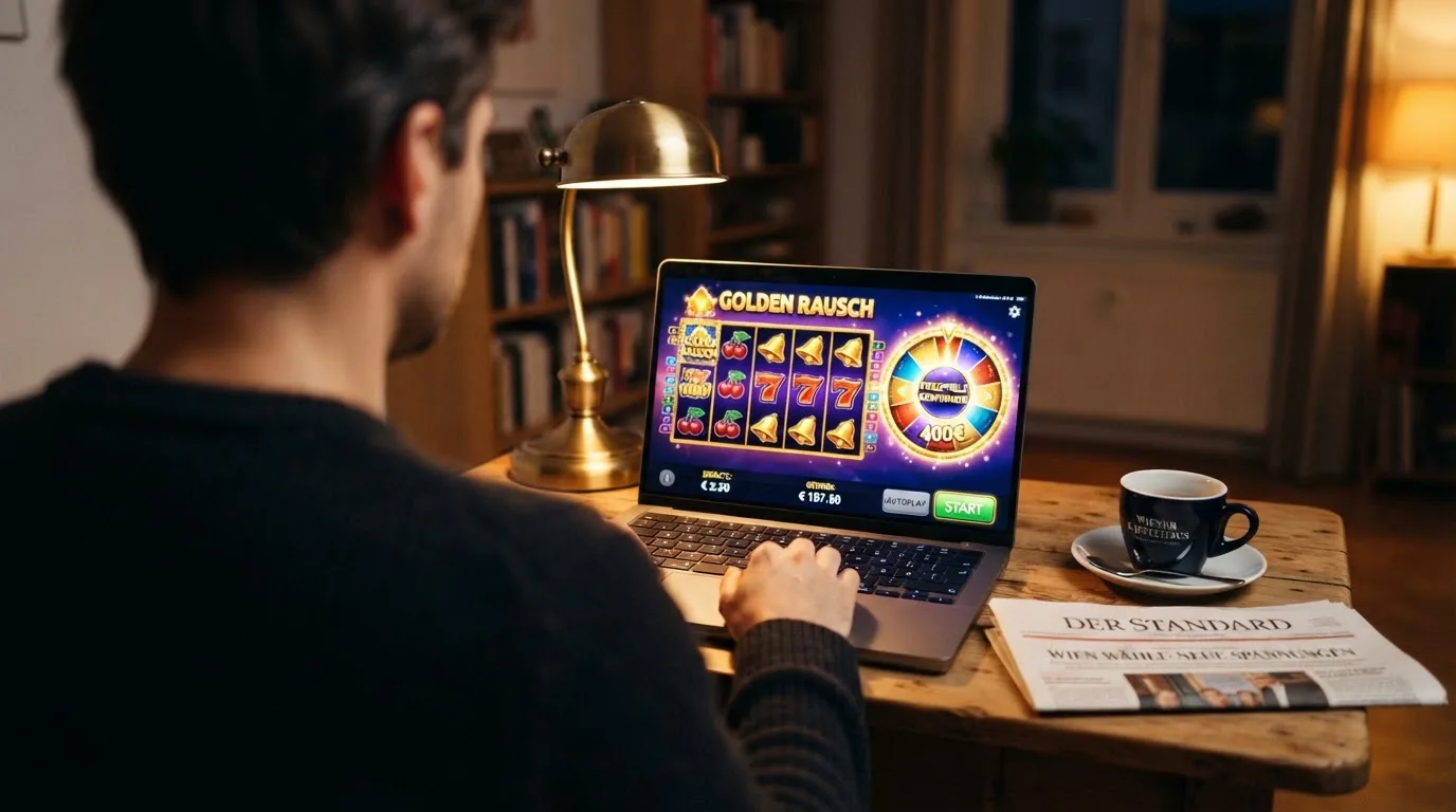 Person am Laptop liest eine Übersichtsseite zu Glücksspielen im Internet — 30 euro bonus ohne einzahlung casino
