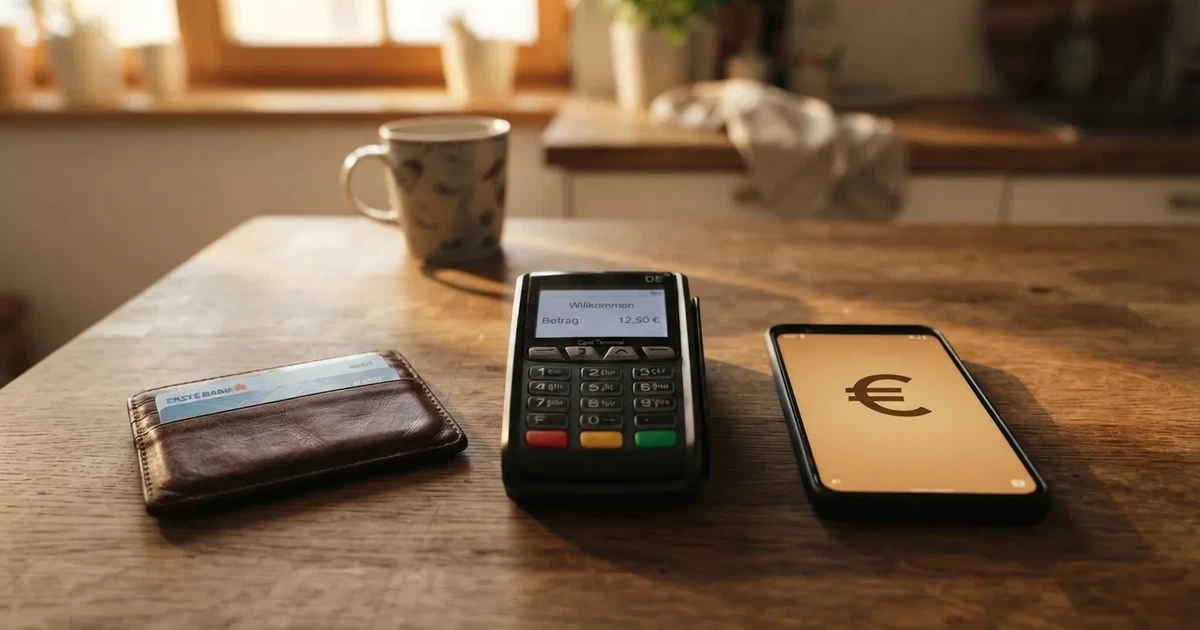 Kartenterminal und Smartphone auf einem Holztisch neben einer Geldbörse — 30 euro bonus ohne einzahlung casino