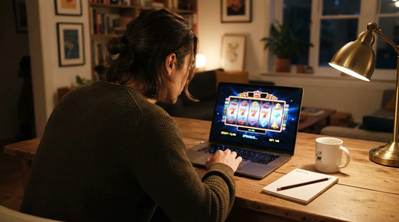 Person am Laptop liest eine Übersichtsseite zu Glücksspielen im Internet — 40 euro bonus ohne einzahlung casino