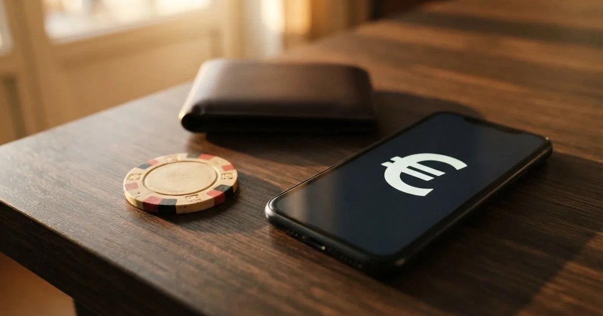 Kartenterminal und Smartphone auf einem Holztisch neben einer Geldbörse — 40 euro bonus ohne einzahlung casino