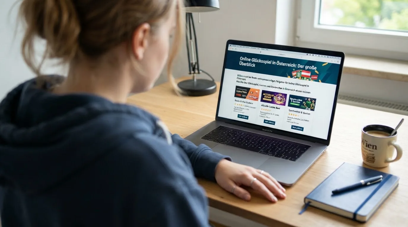 Person am Laptop liest eine Übersichtsseite zu Glücksspielen im Internet — 5 euro bonus ohne einzahlung casino