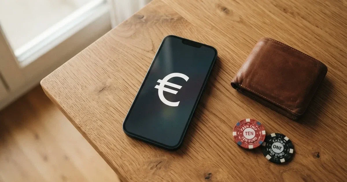 Kartenterminal und Smartphone auf einem Holztisch neben einer Geldbörse — 5 euro bonus ohne einzahlung casino
