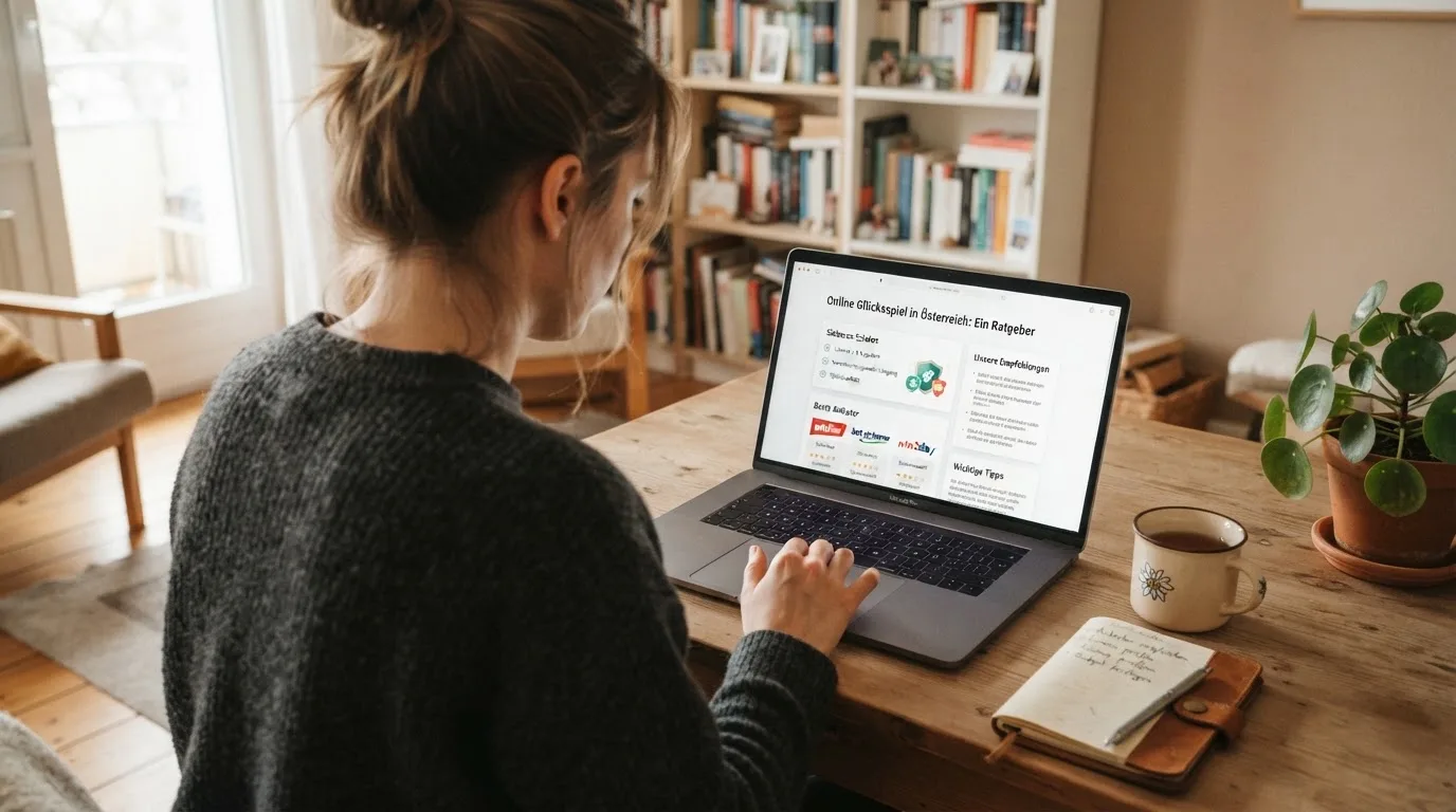 Person am Laptop liest eine Übersichtsseite zu Glücksspielen im Internet — aviator online casino