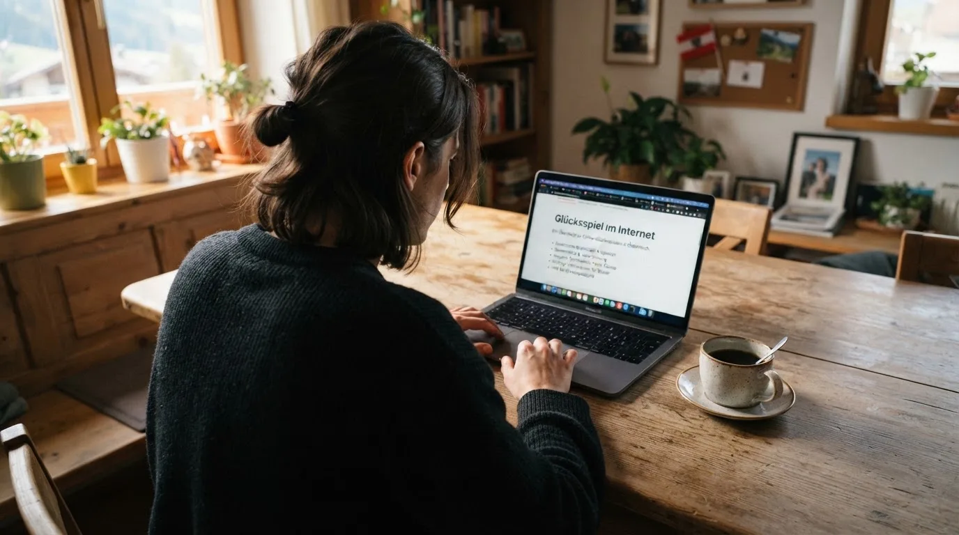 Person am Laptop liest eine Übersichtsseite zu Glücksspielen im Internet — best crypto casino österreich