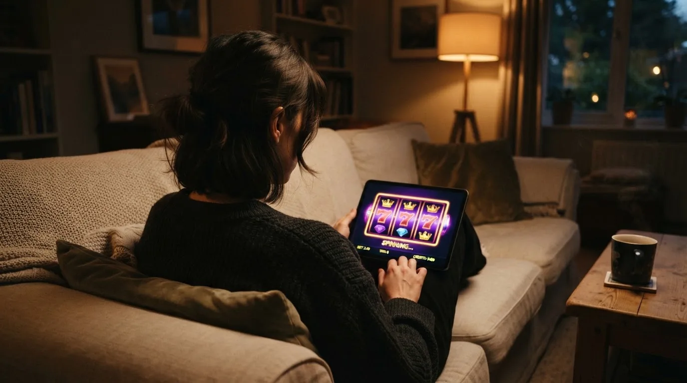 Person sitzt entspannt auf einem Sofa und blickt konzentriert auf ein Tablet in gedämpftem Wohnzimmerlicht am Abend.