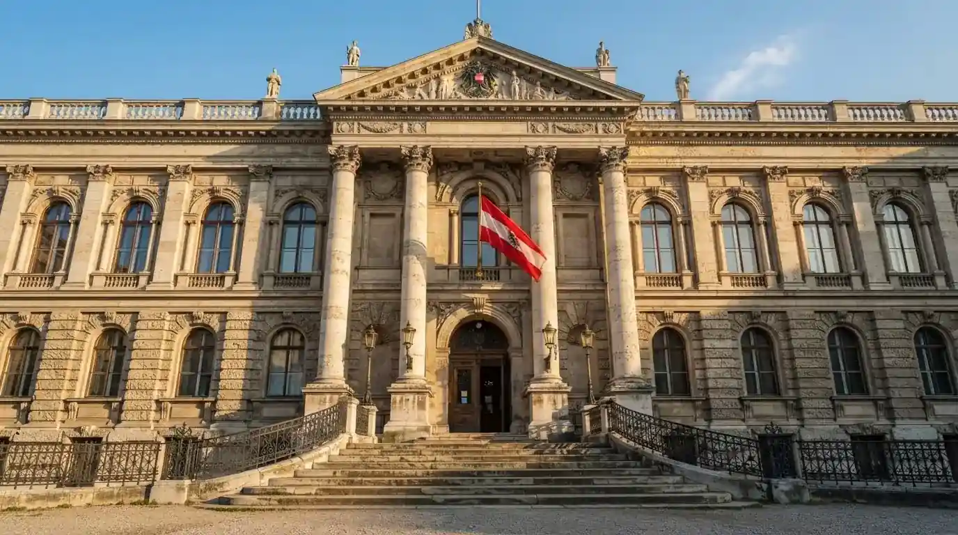 Fassade eines klassizistischen Wiener Amtsgebäudes mit österreichischer Flagge an einem klaren Nachmittag.