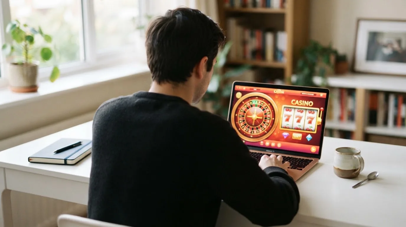 Person am Laptop liest eine Übersichtsseite zu Glücksspielen im Internet — beste casino mit schneller auszahlung