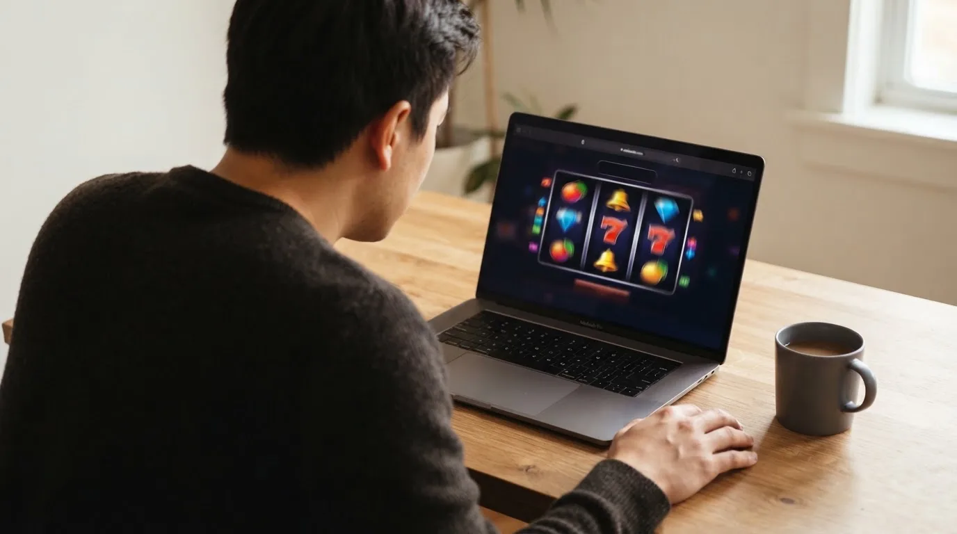 Person am Laptop liest eine Übersichtsseite zu Glücksspielen im Internet — beste casino ohne verifizierung auszahlen