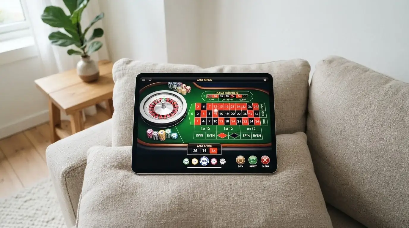 Person sitzt entspannt mit einem Tablet auf dem Schoß in einem hellen Wohnzimmer.
