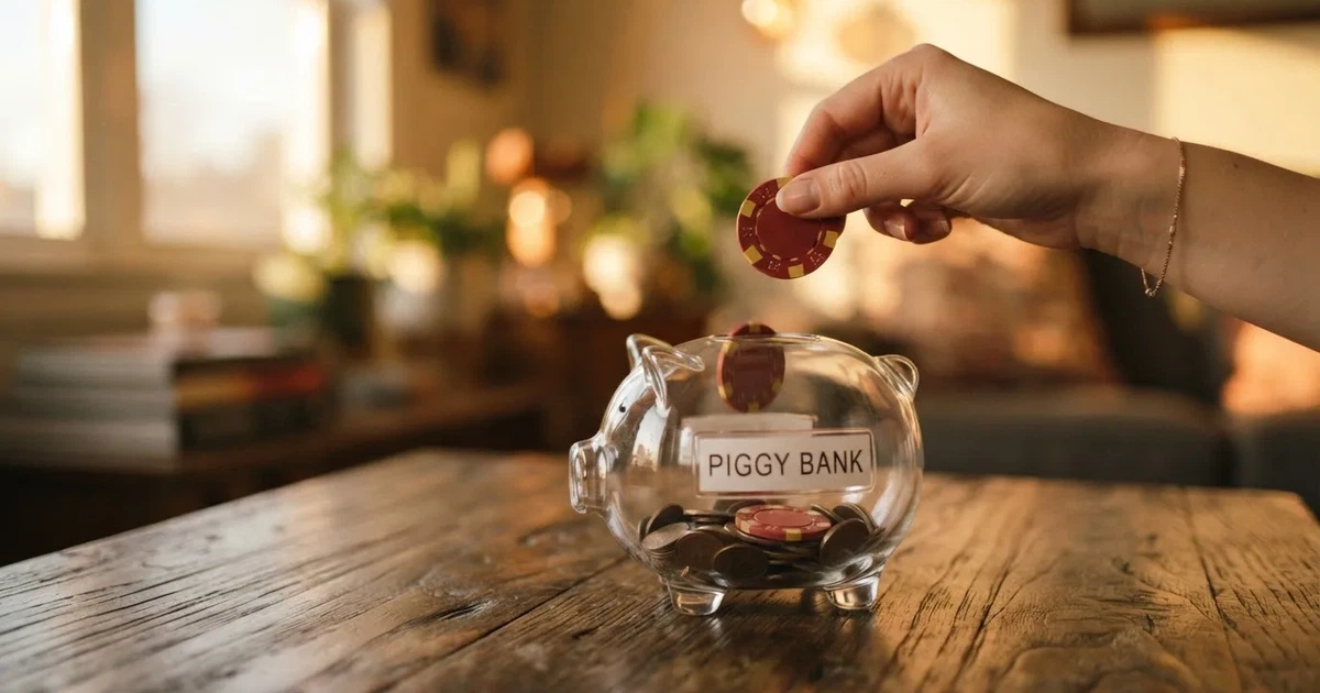 Nahaufnahme einer Hand, die Münzen in ein Sparschwein aus Glas auf einem Holztisch steckt.