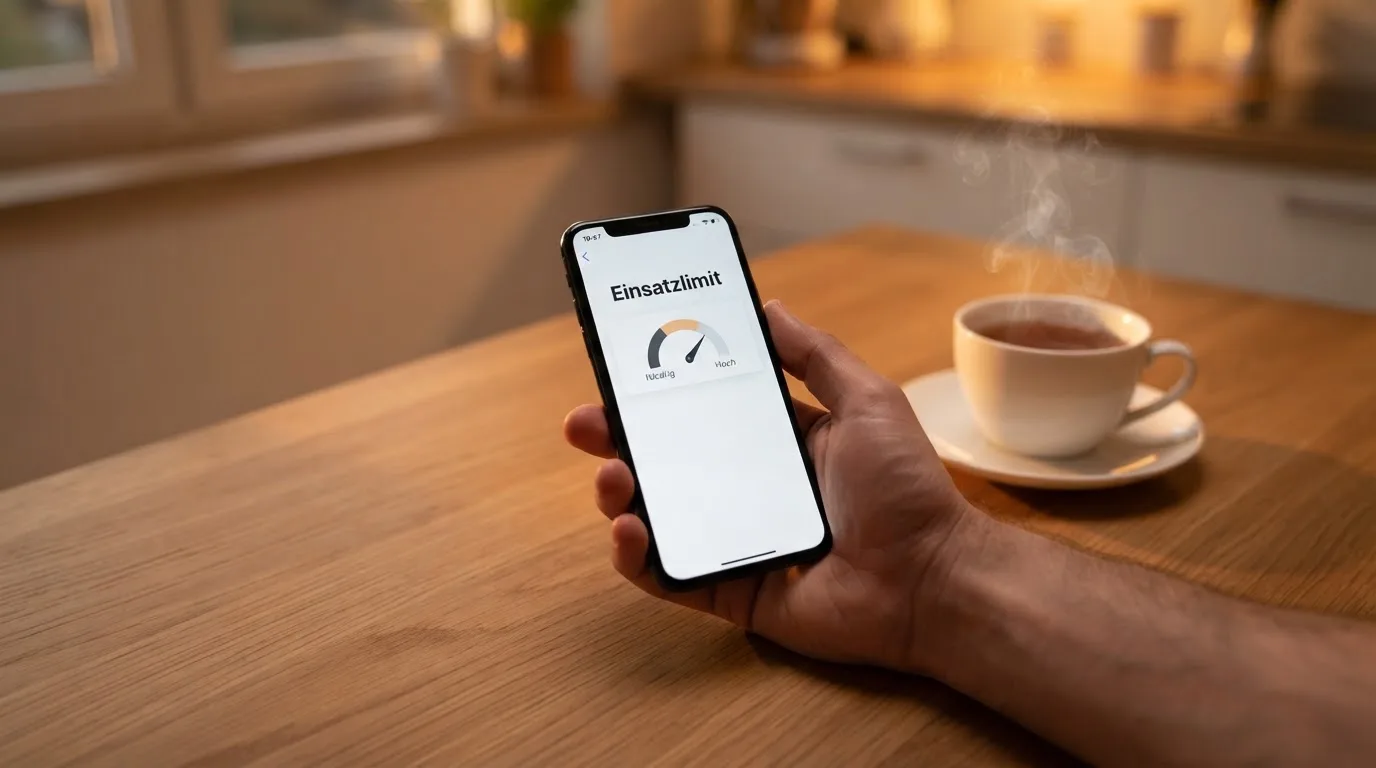 Hand hält ein Smartphone, daneben eine Tasse Tee, ruhige Abendstimmung am Küchentisch — beste online casino ausland