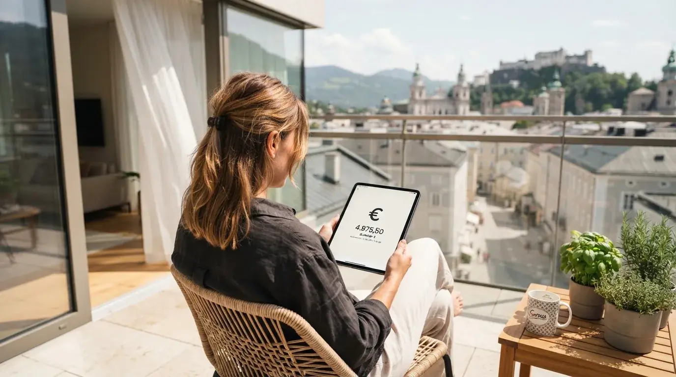 Person sitzt entspannt mit einem Tablet auf dem Balkon eines modernen Apartments.