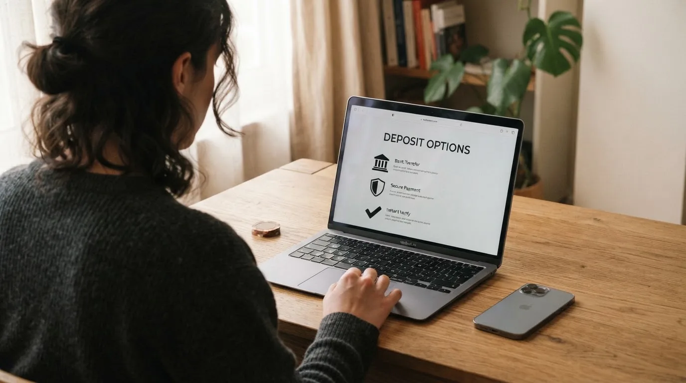 Person am Laptop liest eine Übersichtsseite zu Glücksspielen im Internet — beste online casino mit banküberweisung bezahlen