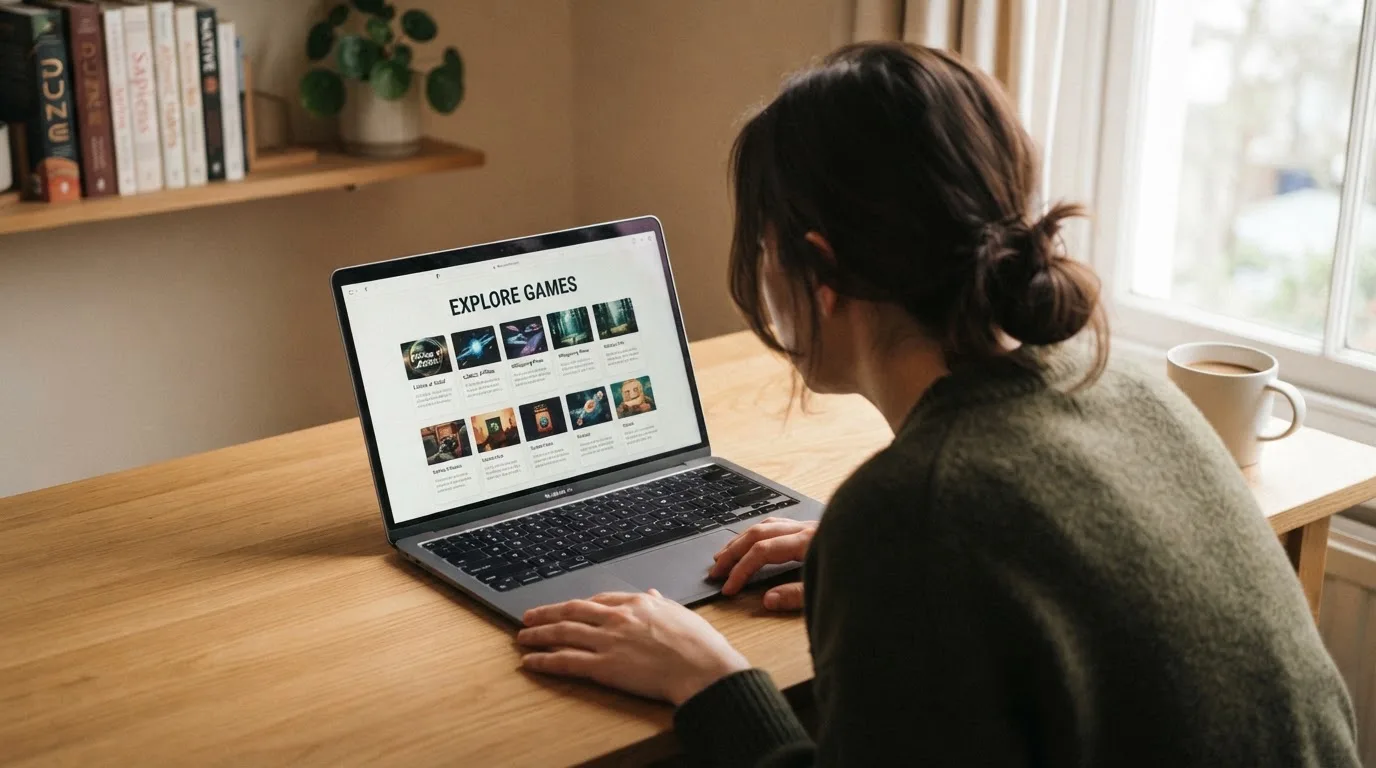 Person am Laptop liest eine Übersichtsseite zu Glücksspielen im Internet — beste online casino mit cashtocode bezahlen