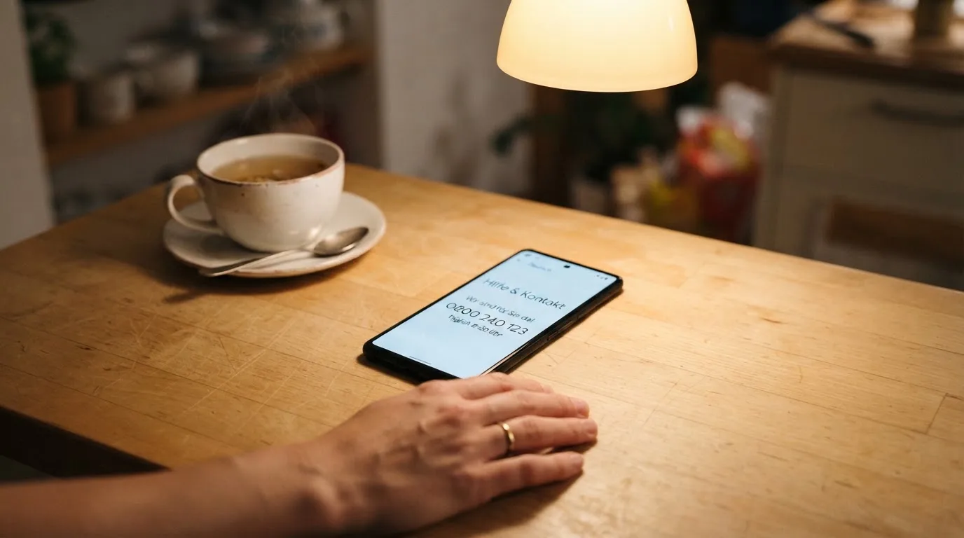 Hand hält ein Smartphone, daneben eine Tasse Tee, ruhige Abendstimmung am Küchentisch — beste online casino österreich