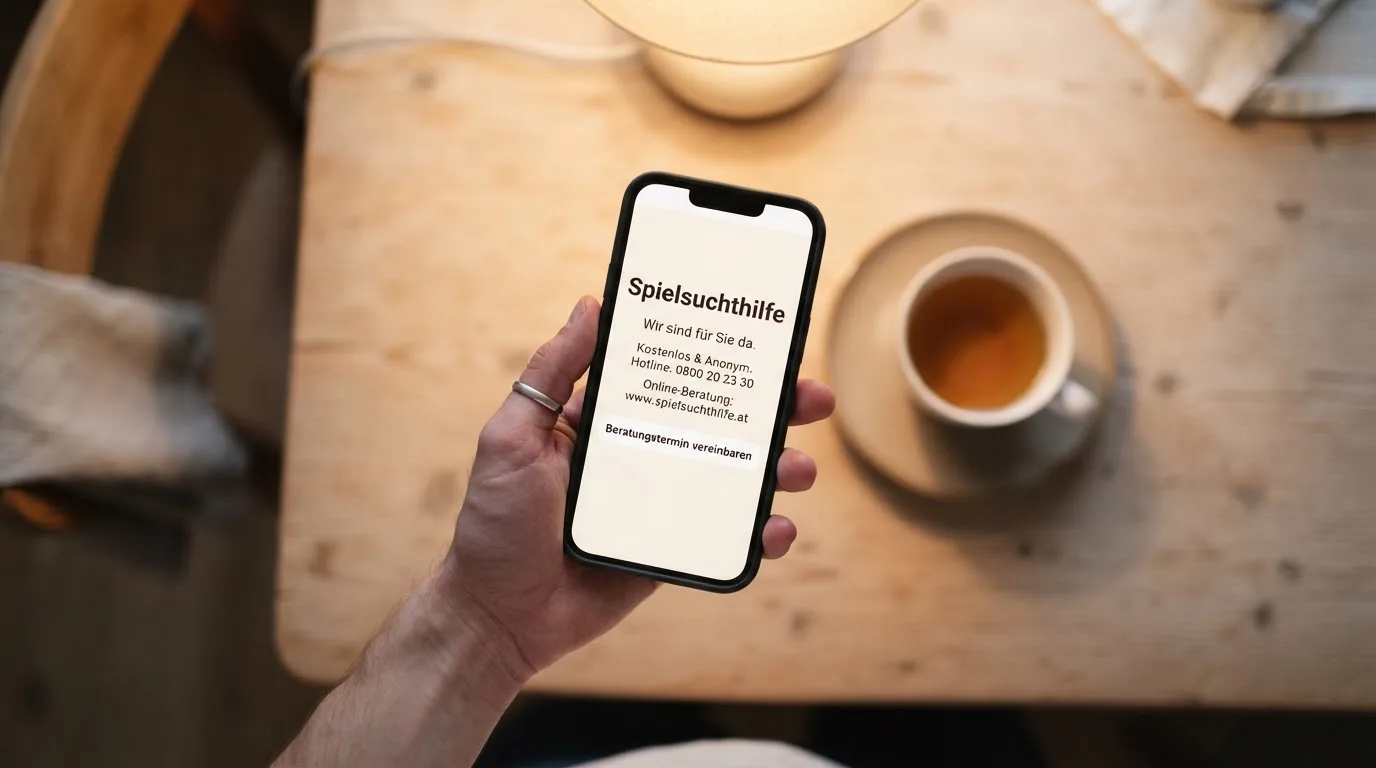 Hand hält ein Smartphone, daneben eine Tasse Tee, ruhige Abendstimmung am Küchentisch — beste online casinos echtgeld