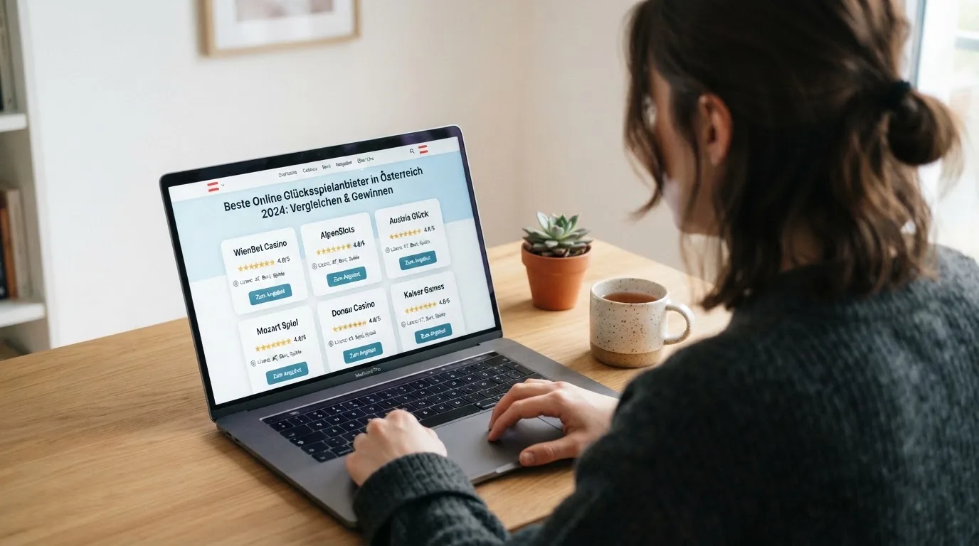 Person am Laptop liest eine Übersichtsseite zu Glücksspielen im Internet — beste online casinos mit österreichischer lizenz