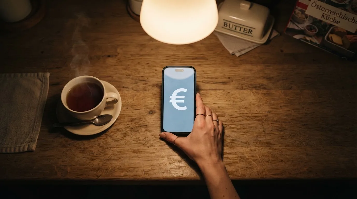 Hand hält ein Smartphone, daneben eine Tasse Tee, ruhige Abendstimmung am Küchentisch — beste online casinos mit österreichischer lizenz