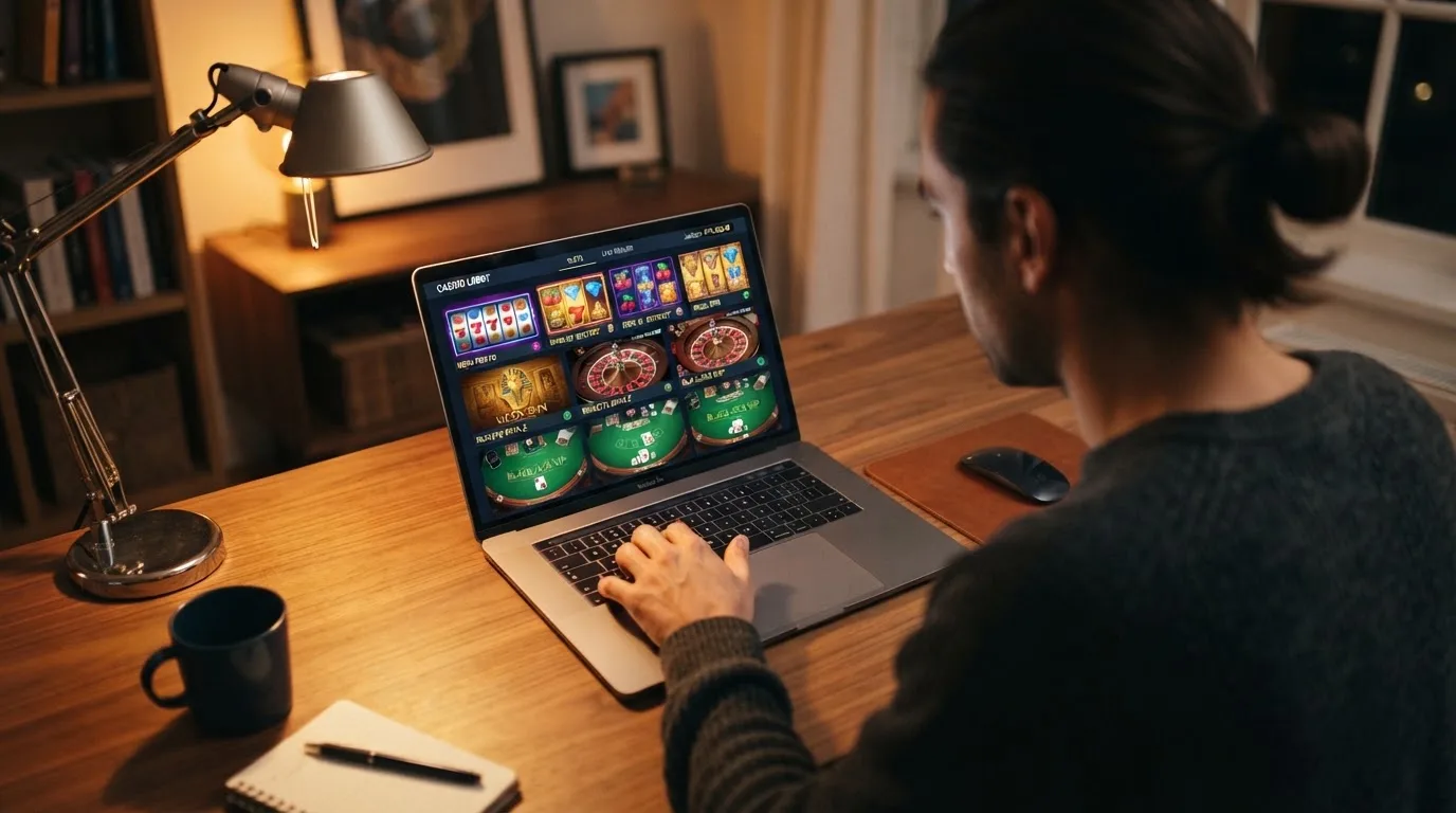 Person am Laptop liest eine Übersichtsseite zu Glücksspielen im Internet — beste online casinos österreich mit no deposit bonus