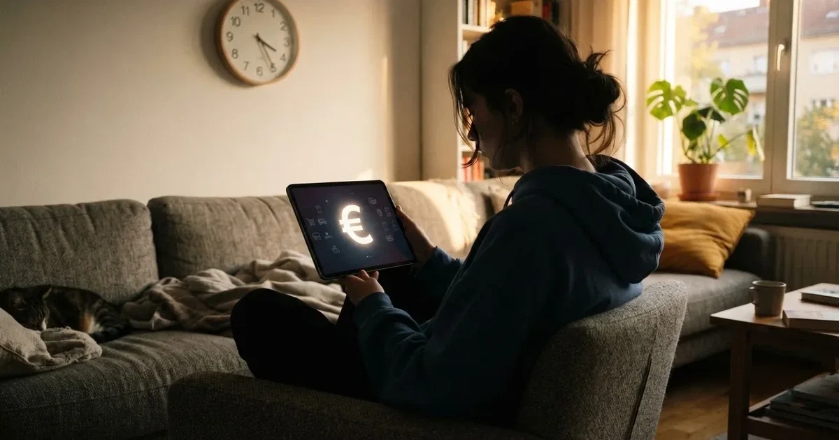 Person am Sofa schaut nachdenklich auf ein Tablet, im Hintergrund eine Uhr — beste online casinos österreich mit no deposit bonus