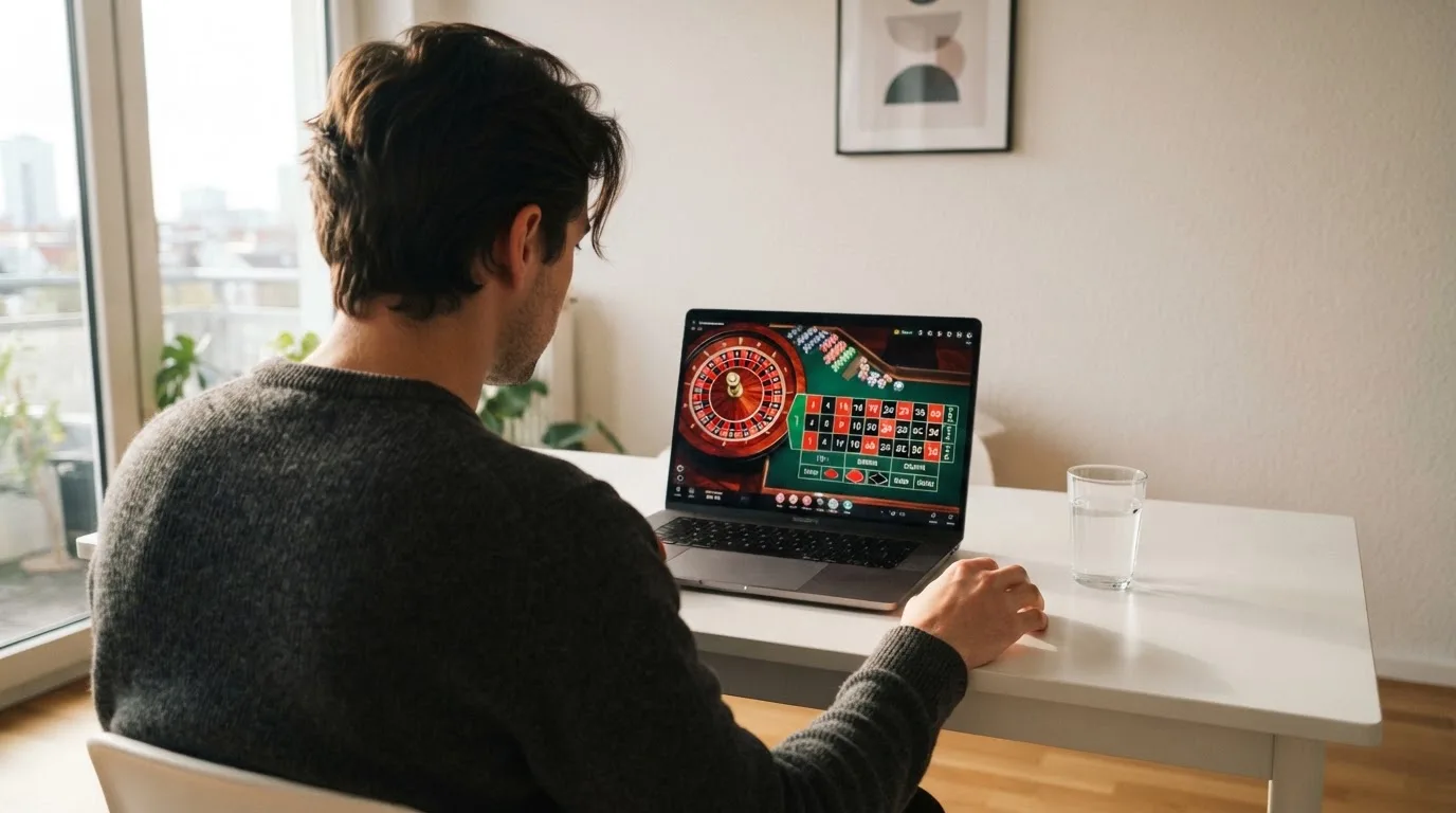 Person am Laptop liest eine Übersichtsseite zu Glücksspielen im Internet — beste online casinos ohne limit