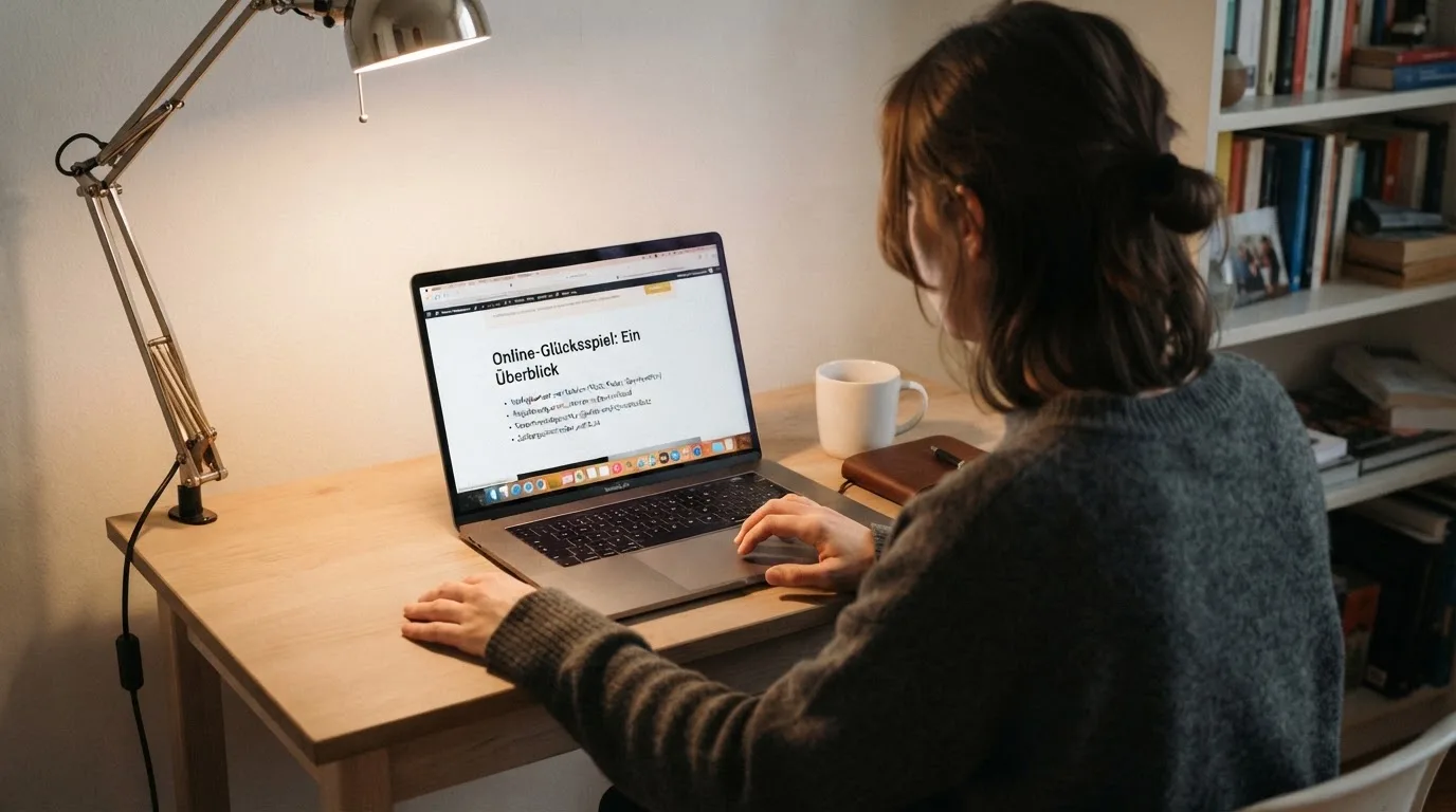 Person am Laptop liest eine Übersichtsseite zu Glücksspielen im Internet — beste online casinos ohne verifizierung