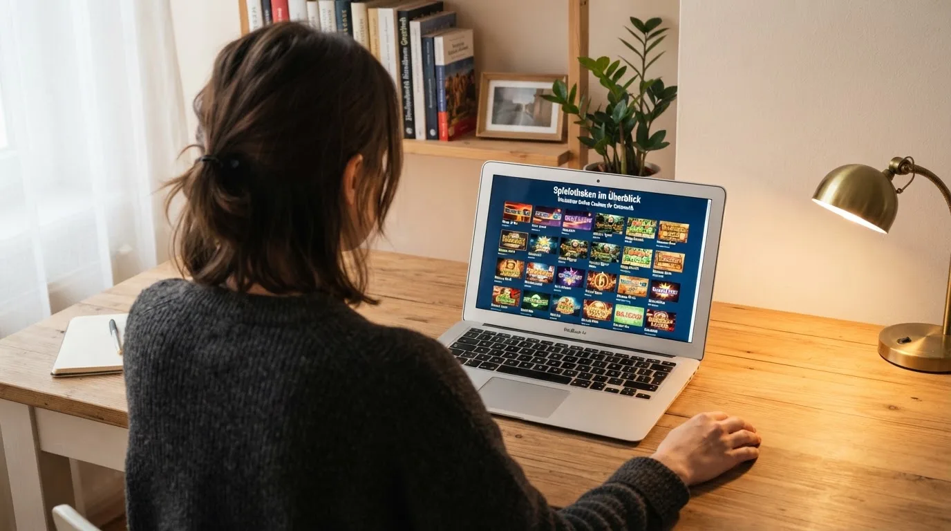 Person am Laptop liest eine Übersichtsseite zu Glücksspielen im Internet — beste online spielothek casinos