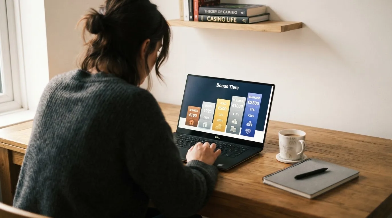 Person am Laptop liest eine Übersichtsseite zu Glücksspielen im Internet — bester willkommensbonus online casino