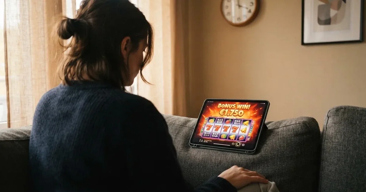 Person am Sofa schaut nachdenklich auf ein Tablet, im Hintergrund eine Uhr — bester willkommensbonus online casino