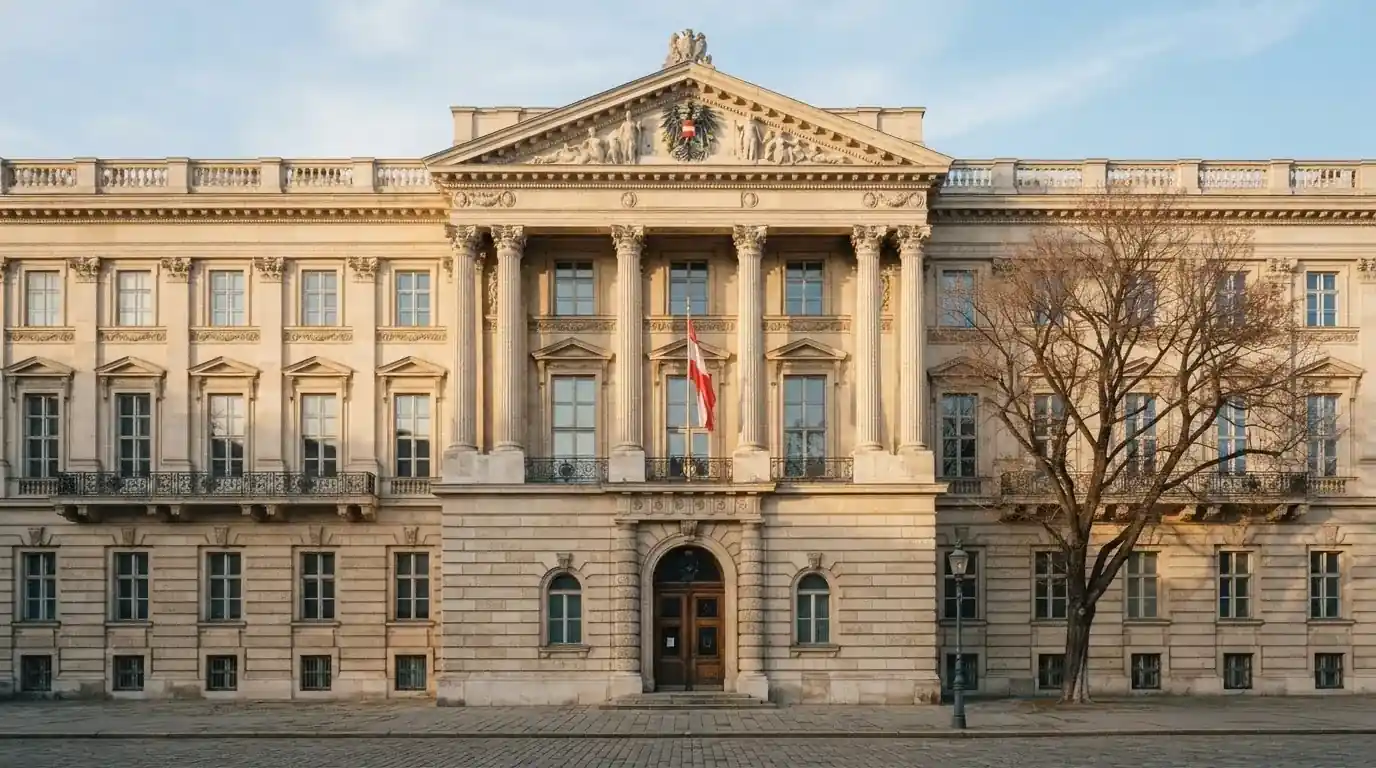 Fassade eines klassizistischen Wiener Amtsgebäudes mit österreichischer Flagge an einem klaren Nachmittag.