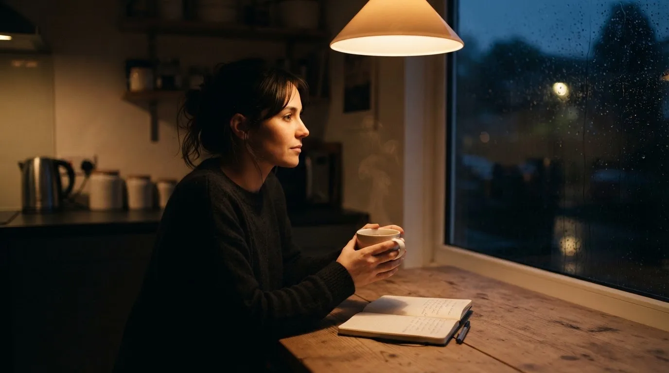 Person sitzt allein an einem Küchentisch mit einer Tasse Tee und blickt nachdenklich aus dem Fenster am Abend.