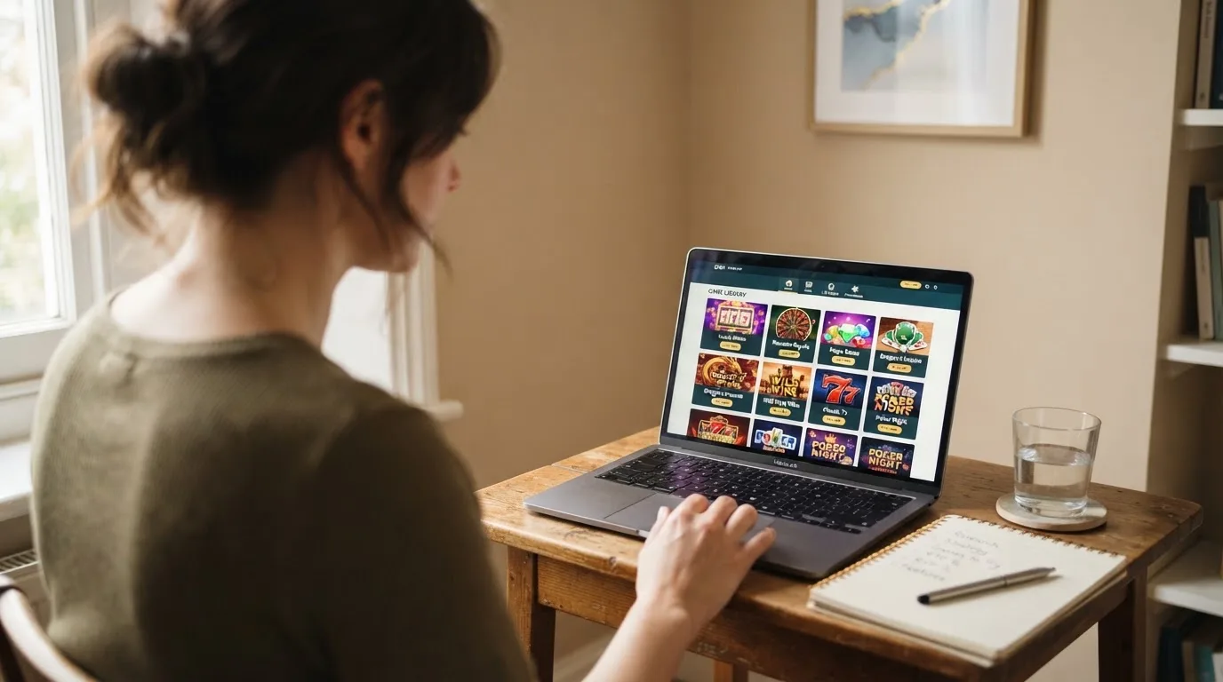 Person am Laptop liest eine Übersichtsseite zu Glücksspielen im Internet — bitcoin cash casino vergleich