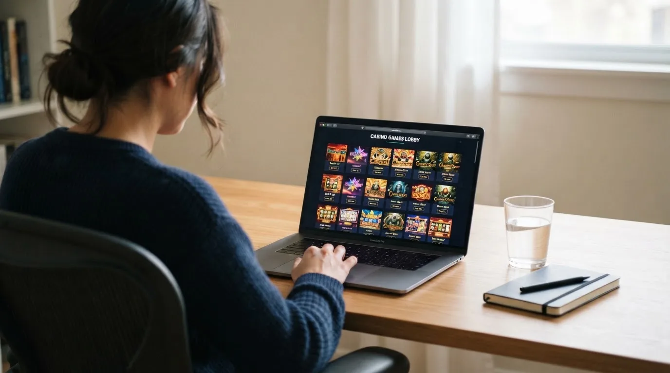 Person am Laptop liest eine Übersichtsseite zu Glücksspielen im Internet — casino bonus ohne einzahlung