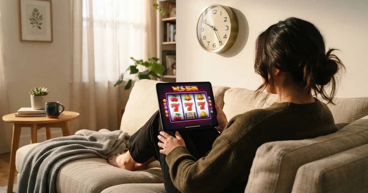 Person am Sofa schaut nachdenklich auf ein Tablet, im Hintergrund eine Uhr — casino bonus ohne einzahlung