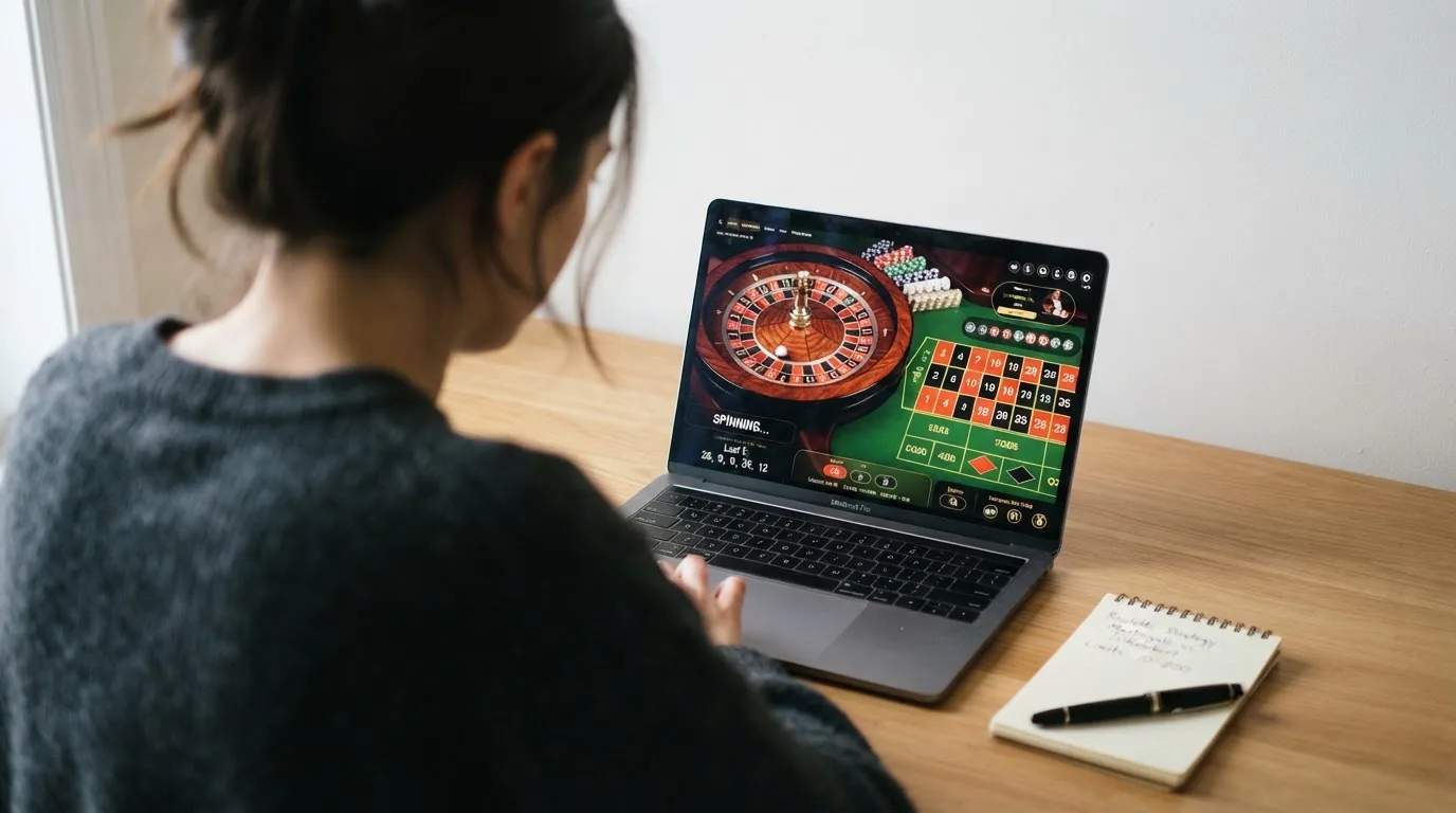 Person am Laptop liest eine Übersichtsseite zu Glücksspielen im Internet — casino guthaben ohne einzahlung