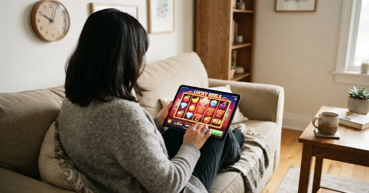 Person am Sofa schaut nachdenklich auf ein Tablet, im Hintergrund eine Uhr — casino guthaben ohne einzahlung