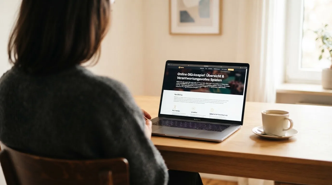 Person am Laptop liest eine Übersichtsseite zu Glücksspielen im Internet — casino mit hoher gewinnchance