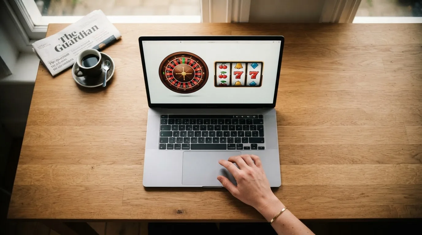 Person am Laptop liest eine Übersichtsseite zu Glücksspielen im Internet — casino online mit bonus ohne einzahlung