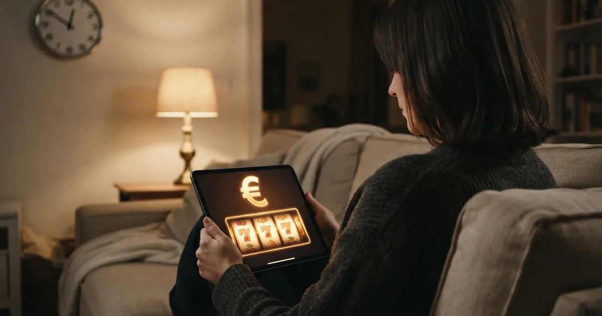 Person am Sofa schaut nachdenklich auf ein Tablet, im Hintergrund eine Uhr — casino online mit bonus ohne einzahlung