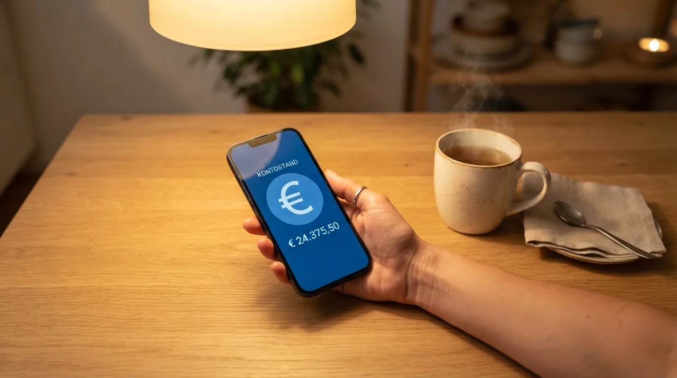 Hand hält ein Smartphone, daneben eine Tasse Tee, ruhige Abendstimmung am Küchentisch — freie 90 tage qualifikationszeitraum casino