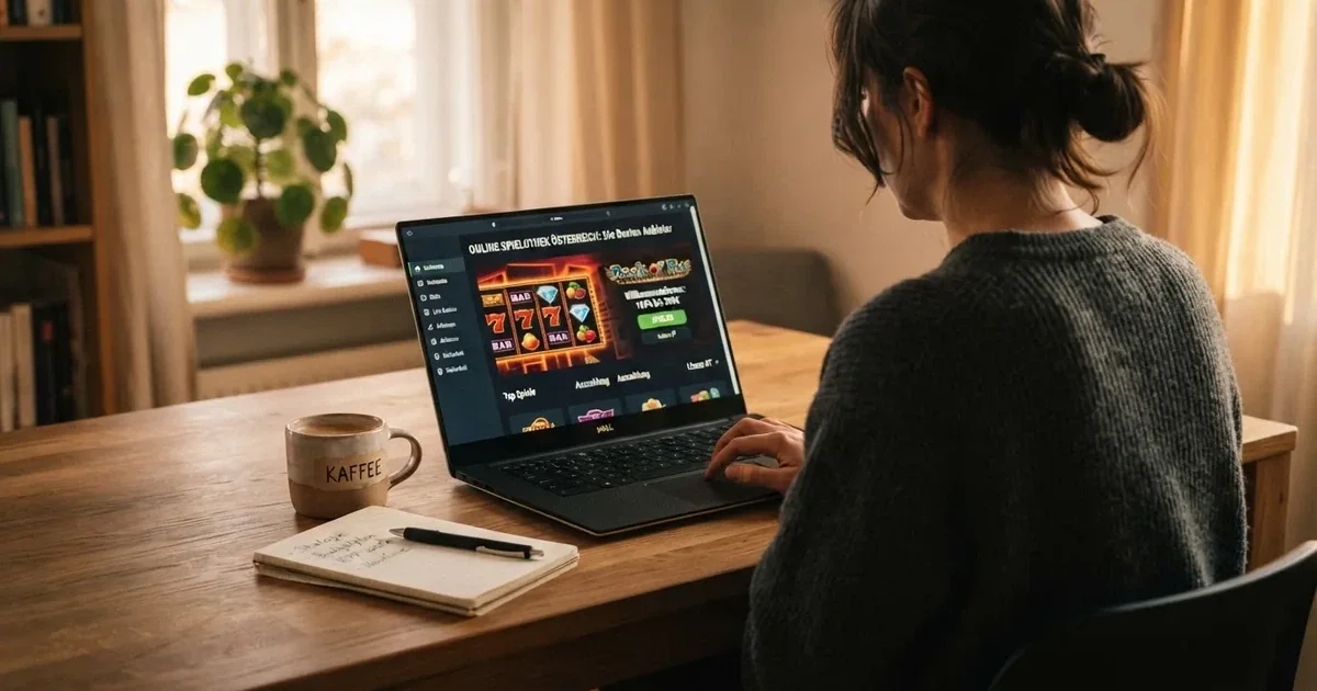 Person am Laptop liest eine Übersichtsseite zu Glücksspielen im Internet — freie 90 tage qualifikationszeitraum casino