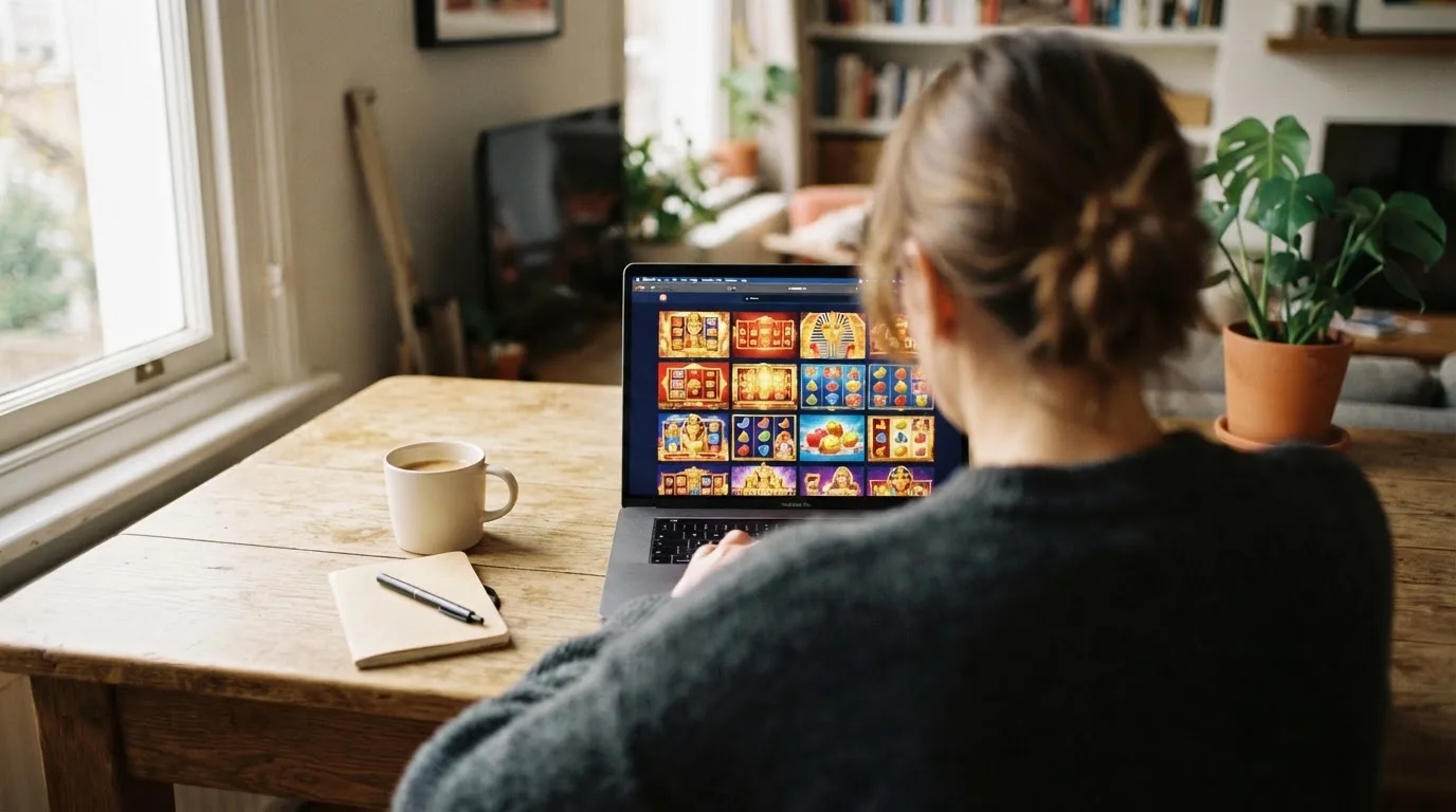 Person am Laptop liest eine Übersichtsseite zu Glücksspielen im Internet — online casino mit autoplay