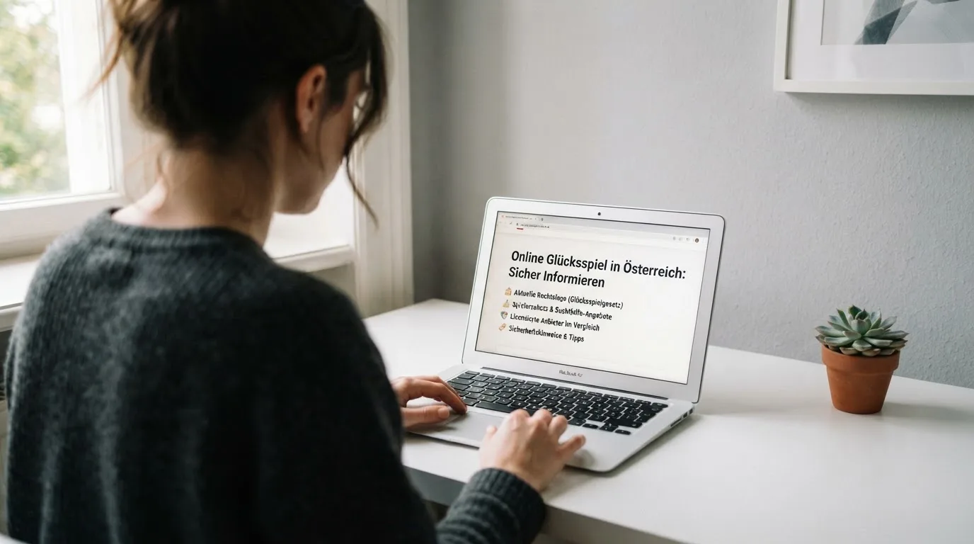 Person am Laptop liest eine Übersichtsseite zu Glücksspielen im Internet — online casino ohne auszahlungslimit